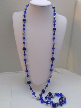 Vintage Royal Blue Crystal Glass Silver Tone Flower Beads 48 " Necklace