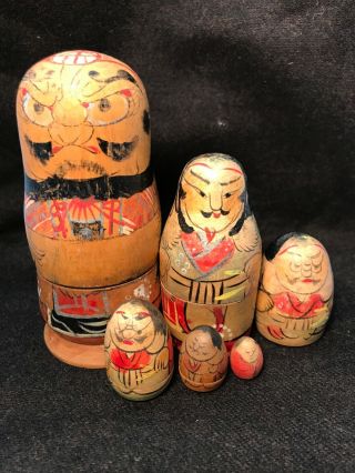 Antique Vintage Russian Or Japanese Matryoshka Nesting Wooden Dolls Set Of 6
