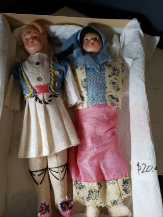 Pair Vintage Antique 10 " Plastic Face Fabric Body Dolls