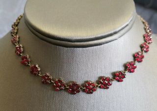 Rare Antique Bohemian Rose Cut Garnet Flower Cluster Brass Choker Necklace