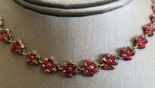 RARE Antique Bohemian Rose Cut Garnet Flower Cluster Brass Choker Necklace 2