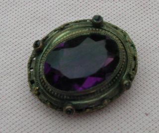 Vintage Antique Art Deco Brass Filigree Purple Amethyst Glass Rs Crystal Brooch