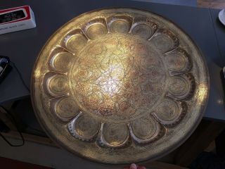 Large Antique Islamic Indian Brass Round Tray Scalloped Silvered/ Tinned,  Copper