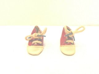 Vintage Doll Shoes.  Red - White With Ties.  Ties.  1 - 3/4” Long.