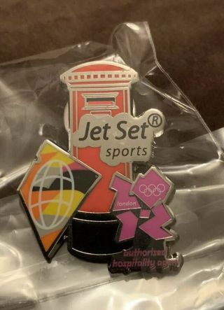 Rare London 2012 Olympics Jet Set Sports Redletter Box Pin Badge Sponsor Partner