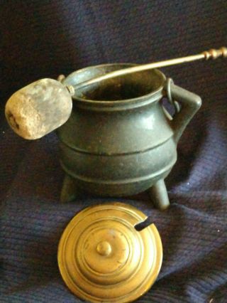 Antique Cast Iron & Brass Smudge Pot Cauldron W/brass Lid Wand Starter Handle