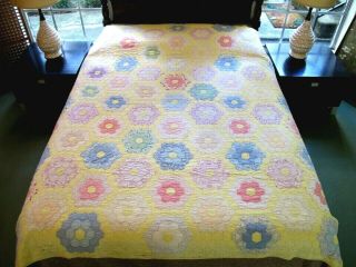 For Restoration Or Cutting Vintage Feed Sack Hand Sewn Flower Garden Quilt; Full