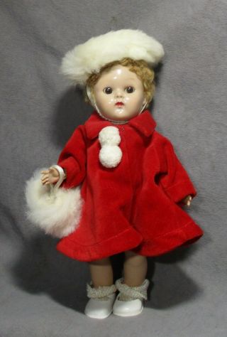 Vintage Clothes For Vogue Ginny Doll - 1955 Red Velvet Coat W/fur Hat & Muff