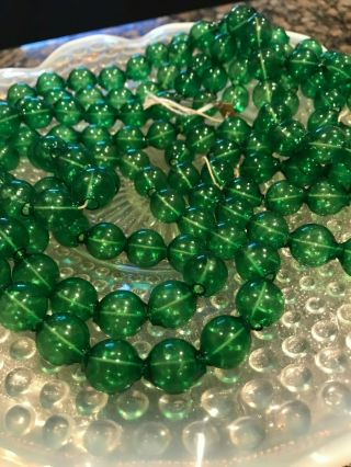 Antique Vintage Transparent Green Glass Bead Garland,  Two Strands,  Large Beads