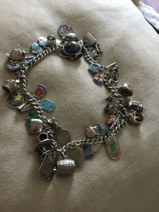 Rare Vintage Heavy Silver Charm Bracelet Chain With Loads Of Charms Opening Etc
