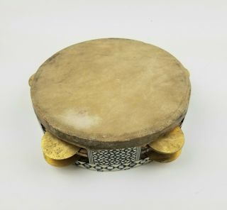 Vtg Egyptian Tambourine Wood Inlaid Mother Of Pearl With A Sound Rare