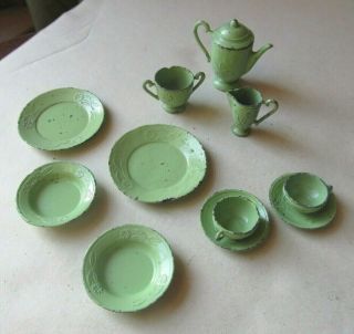 Tiny Antique Vintage Green Painted Doll House Dishes Tea Set Estate Find