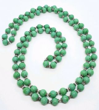 Exquisite Vintage Art Deco Spotted Green Peking Art Glass Beaded Strand Necklace