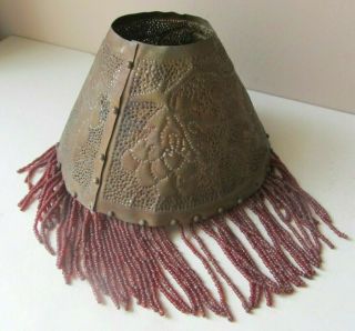 Small Antique Hand Hammered Copper Lamp Shade Beaded Fringe Arts Crafts