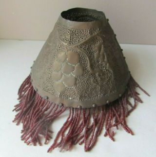 Small Antique Hand Hammered COPPER LAMP SHADE Beaded Fringe ARTS CRAFTS 2