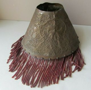 Small Antique Hand Hammered COPPER LAMP SHADE Beaded Fringe ARTS CRAFTS 3