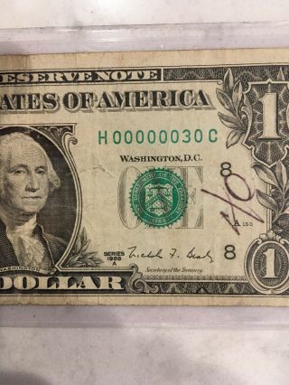 $1 1988 A H00000030C 2 Digit Low Serial Numbers UNC.  Federal Reserve Note RARE 2