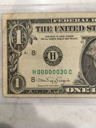 $1 1988 A H00000030C 2 Digit Low Serial Numbers UNC.  Federal Reserve Note RARE 3