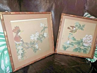 Pair Chinese Hand Painted Silk Painting Picture Art Birds Antique Vintage Scroll