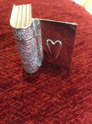 925 Solid Silver Book Shaped Pill Box With Heart On Cover,  4cm X 3 X 1