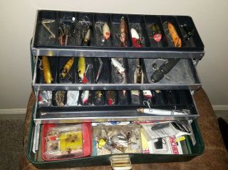 Vintage Umco 175u Tackle Box Full Of Old Fishing Lures Wood & Plastic Cond