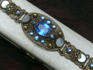 Rare Vintage Art Deco Czech Filigree Gilt Blue Stones & Mop Section Bracelet