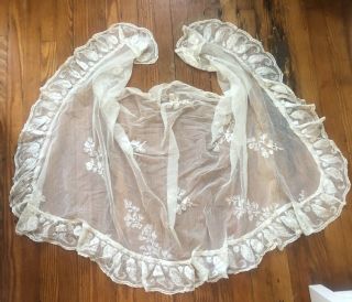 Antique Victorian Hand Embroidered Net Lace Cape Shawl Textile