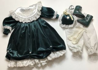 Vtg Large Doll Dress Clothes Green Eyelet Lace Trim Boots Purse For 22” Dolls