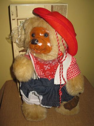 Raikes Bears Bonnie Cow Girl Wood Face Plush Doll Jointed Hat Clothes Bear 15 "