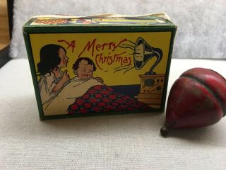 Rare Vintage Antique Christmas Candy Box And Wood Toy Top