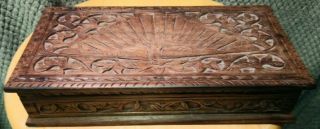 Antique Carved Peacock Paradise Bird Wood Box First Half 20th Century