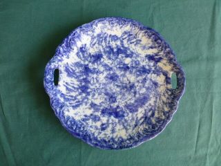 Antique Blue And White Sponge Ware Handled Plate
