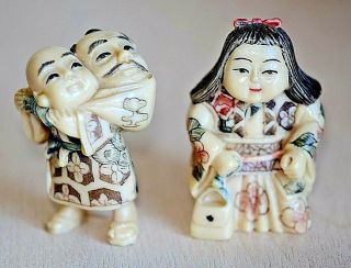 Two Japanese Or Chinese Oriental Carved Resin Netsuke Okimono Figures Signed