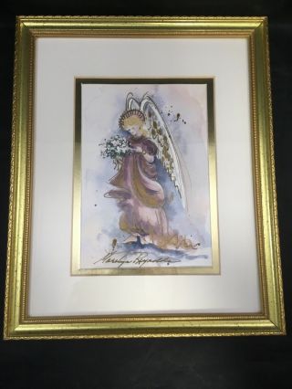 Vintage Angel Watercolor Painting Framed Signed Marilyn Reynolds Golden Angel