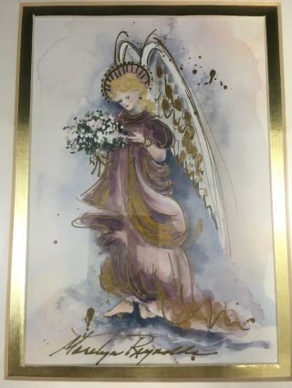 Vintage Angel Watercolor Painting Framed Signed Marilyn Reynolds Golden Angel 2
