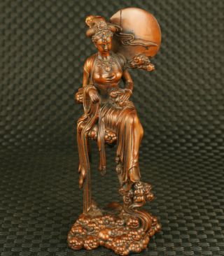 Asian Old Boxwood Handcarved Goddess In The Moon Statue Netsuke Table Ornament