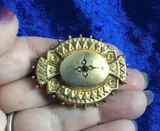 Symbolic Antique Victorian 9ct Rolled Gold Ruby & Pearl Set Brooch