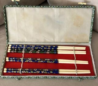 Chinese Cloisonne Antique Chopsticks In Silk Box Set Of 4 Chopsticks