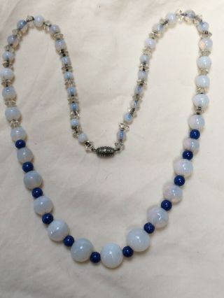 Antique Art Deco 1920s White Opaline Glass Faux Lapis Blue Glass Bead Necklace