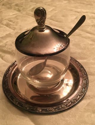 Rare Vintage Wm Rogers Glass Sugar Bowl With Silver Plated Lid,  Spoon,  Saucer