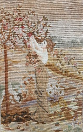 Antique Completed Needlepoint Petit Point A Lady Picking Flowers 19.  5 " X11.  7 "