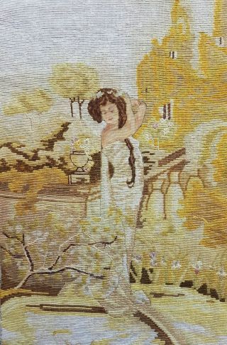 Antique Completed Needlepoint Petit Point Pretty Lady In The Garden 19 " X11.  3 "