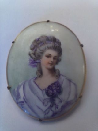 Antique Victorian Hand Painted Porcelain Portrait Brooch In Gold Tone Setting