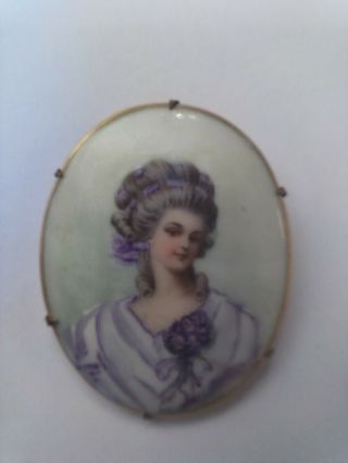 Antique Victorian Hand Painted Porcelain Portrait Brooch In Gold Tone Setting 2