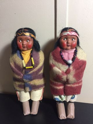 (2) Vintage 6.  5 " Skookum Bully Good Indian Wooden Doll Native American Clothes