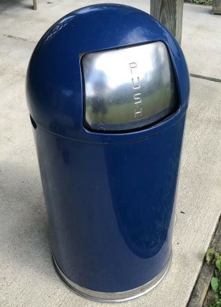 Rare Vintage United Metal Dome Top Industrial Trash Can Blue Chrome Mid Century