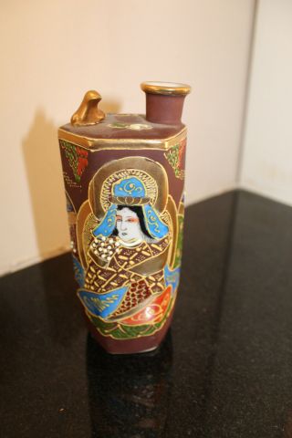 Antique Satsuma Moriage Japanese Pottery Vase Hand Painted Occupied Japan
