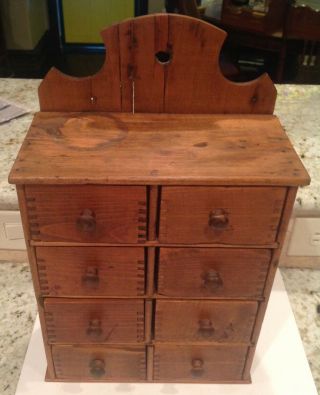 Antique Primitive Wall Mount Spice Cabinet 8 Drawers