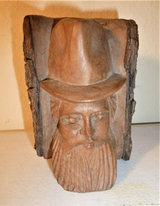 Great Vintage Folk Art Wood Carving Of Bearded Man W/ Hat,  Quality,  Detail,  Zz Top