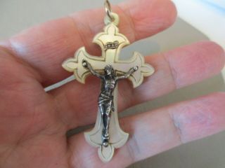 Antique Victorian Silver Mother Of Pearl Large Cross Crucifix Fob Charm Pendant